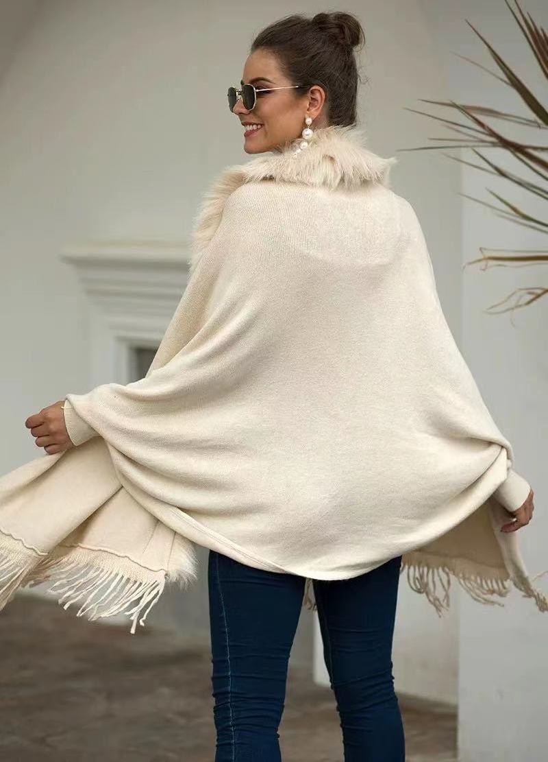 PDEP 2023  Autumn and Winter New Style Fox Fur Collar Shawl Tassel Knitted Cardigan sweater Large Coat Women