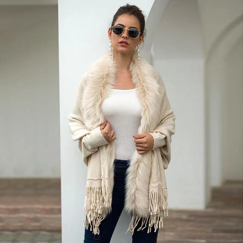 PDEP 2023  Autumn and Winter New Style Fox Fur Collar Shawl Tassel Knitted Cardigan sweater Large Coat Women