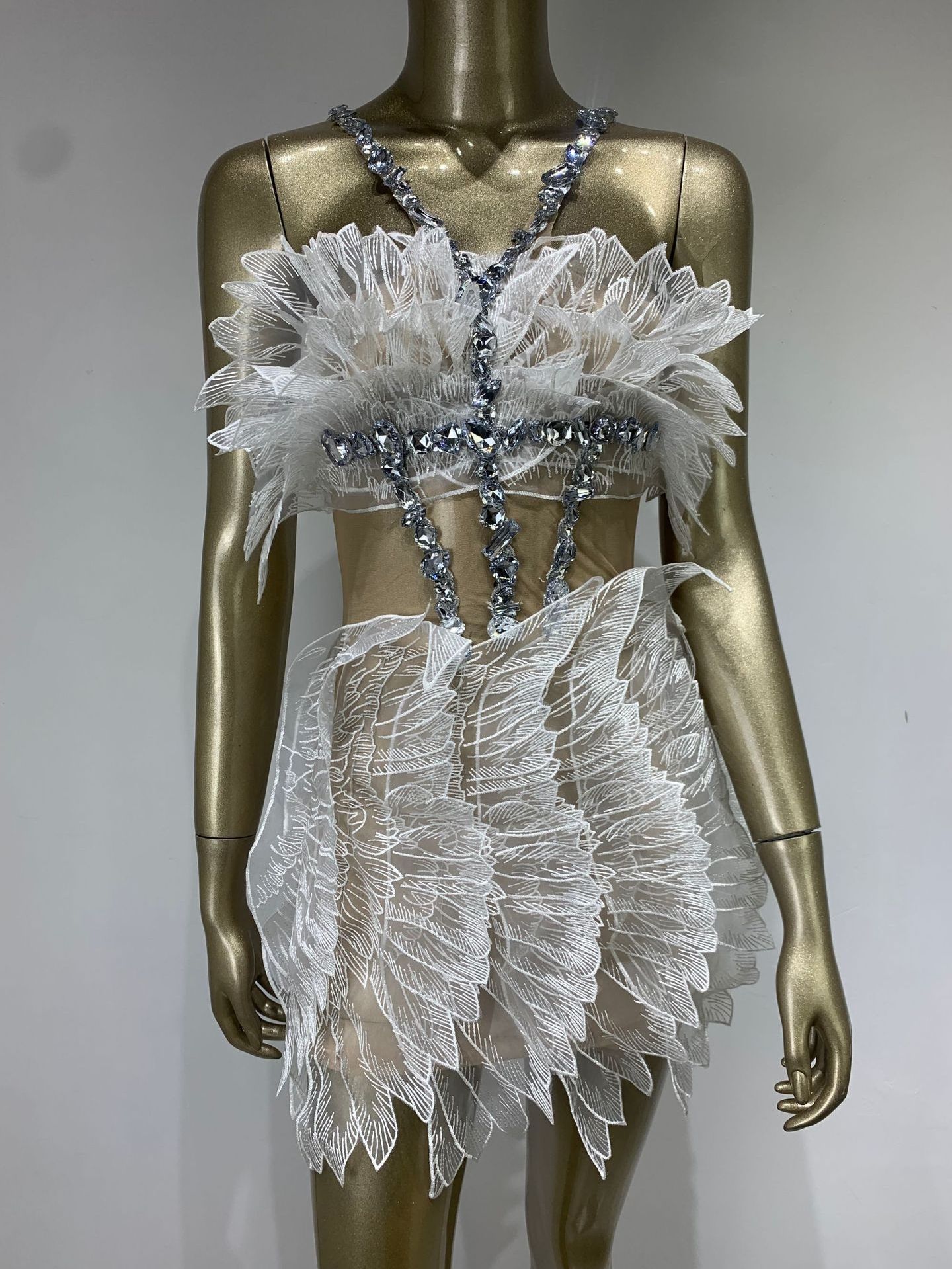 PDEP Stage Costume Golden Cicada wings hanging neck halter  rhinestone gauze wedding dress birthday party dress stage costume