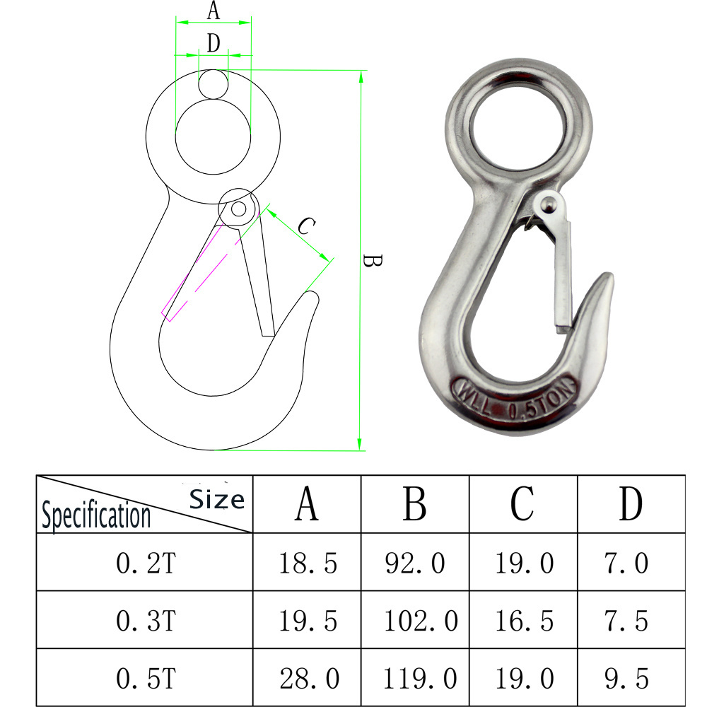 Heavy Duty Stainless Steel Large Eye Spring Latched lifting  Crane Hook 0.3 T