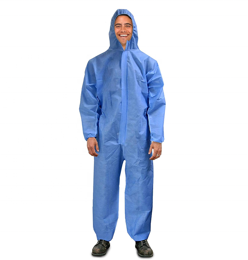 Disposable Overalls with Hood Blue Protective Coveralls 55g SMS Gown Disposable with Front Zip Elastic Cuffs and Ankles