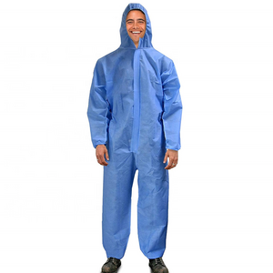 Disposable Overalls with Hood Blue Protective Coveralls 55g SMS Gown Disposable with Front Zip Elastic Cuffs and Ankles