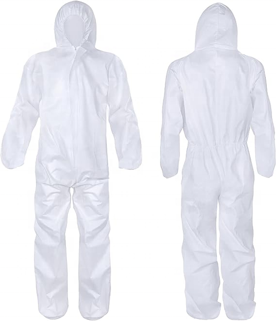 60 Grams Disposable Waterproof Coverall White Knit Cuff Hooded Microporous Coveralls Type5 6