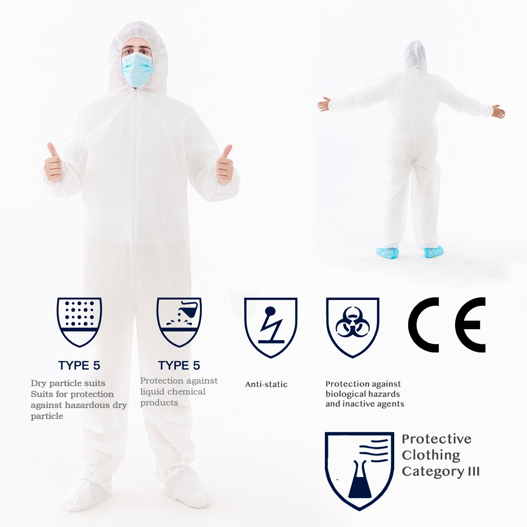 Type 5 6 Coverall Disposable SMS 55 grams White Xiantao Factory Made in China