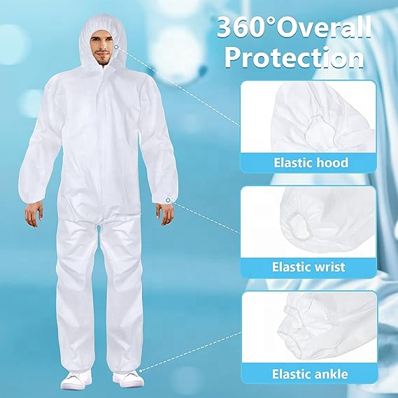 60 Grams Disposable Waterproof Coverall White Knit Cuff Hooded Microporous Coveralls Type5 6