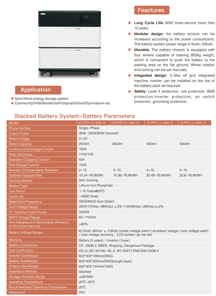 Stacked battery system 51.2v 300ah 4200W iron lithium batteries lifepo4 self-cooling for solar energy storage system residential