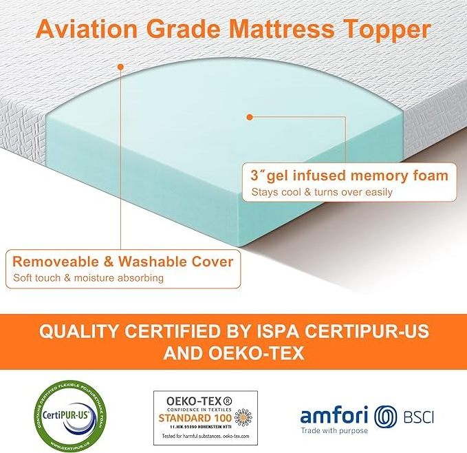 3 Inch Gel Memory Foam Mattress Topper Queen Size, Mattress Pad Cover for Pressure Relief, Bed Topper with Removable Cover