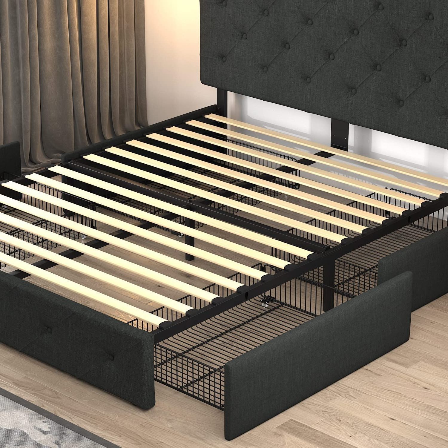 Modern Tufted Soft Button Upholstered Cheap Double Single Queen King Size Fabric Storage Bed Frame With Storage Drawers