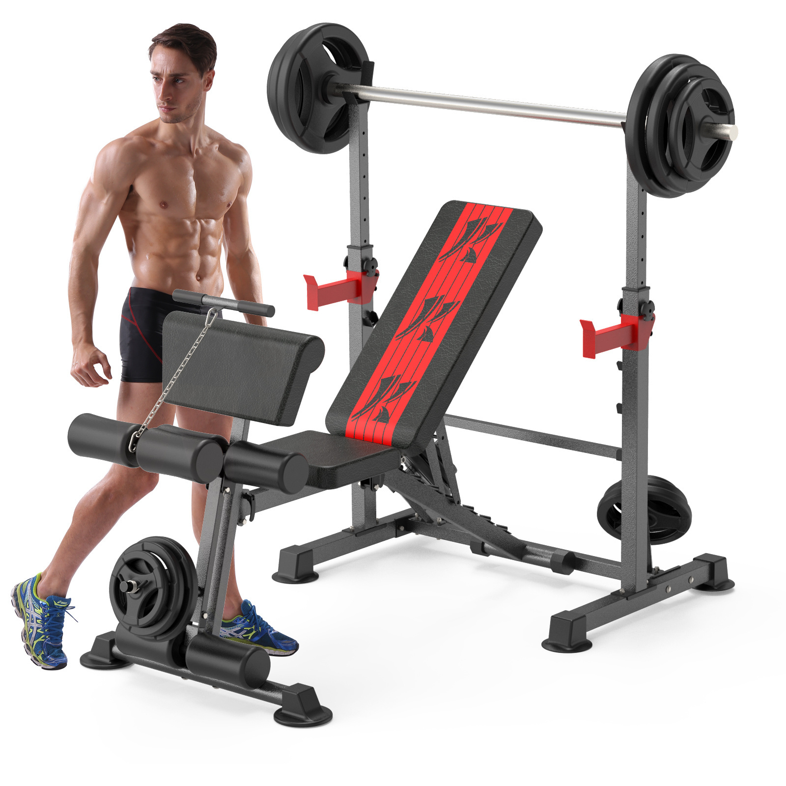 Wellshow Sport Adjustable Squat Rack With Weightlifting Bench Press Barbell Bench Rack Dumbbell Weight Bench