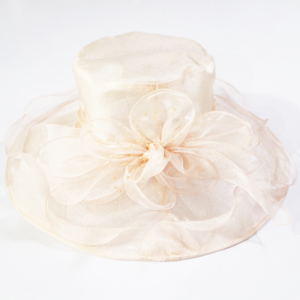 Lady Spring Summer Sun Hat Women Luxury Ruffle Brim Floral Derby Wide Brim Hat Church Party Wedding Organza Hat