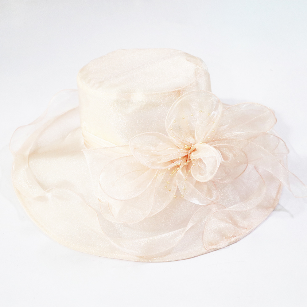 Lady Spring Summer Sun Hat Women Luxury Ruffle Brim Floral Derby Wide Brim Hat Church Party Wedding Organza Hat