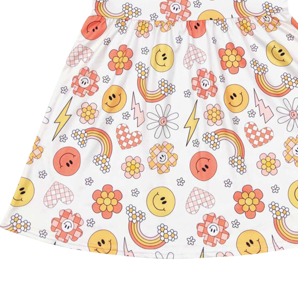 Smiling Face Flowers Rainbow Print Girls Summer Dress RTS Wholesale Baby Girls Boutique Summer Clothes