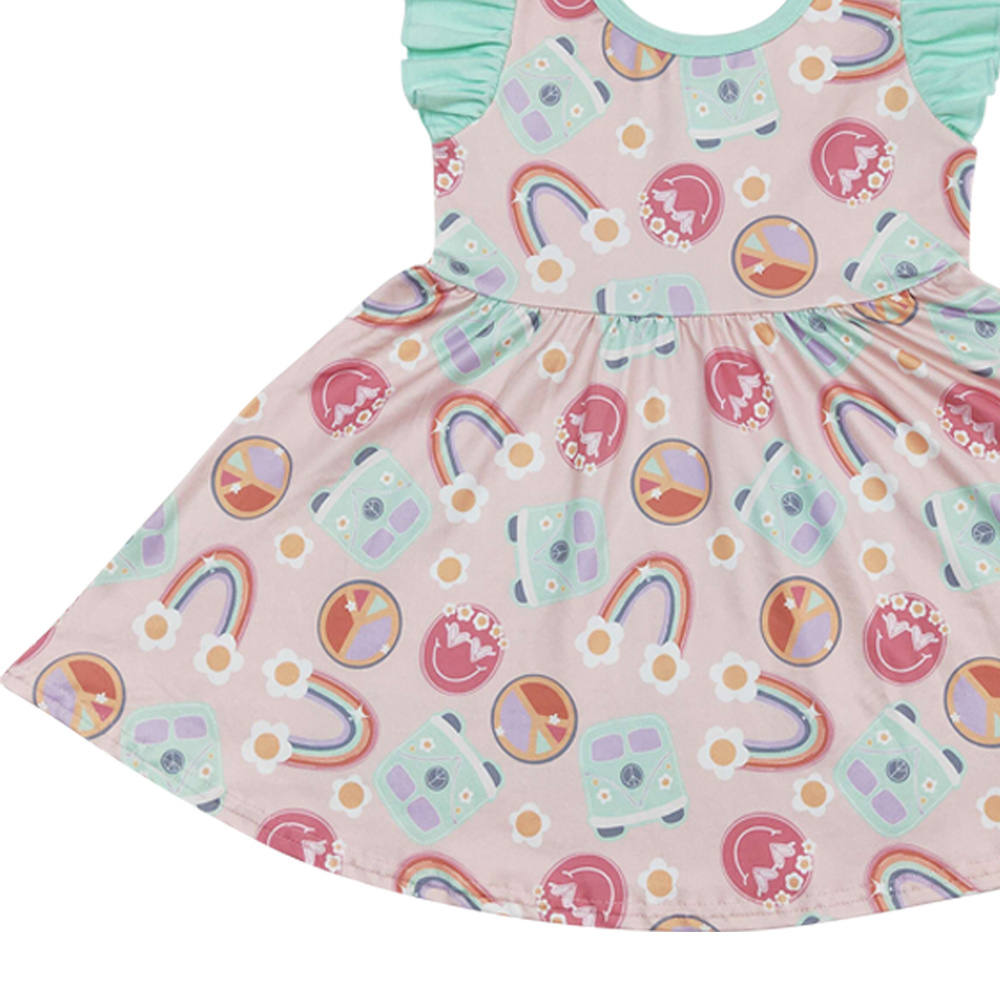 Rainbow Smiling Face Bus Print Girls Knee Length Summer Dress RTS Wholesale Baby Girls Boutique Summer Clothes