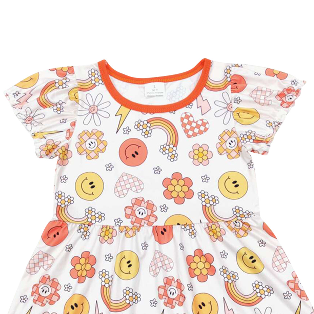 Smiling Face Flowers Rainbow Print Girls Summer Dress RTS Wholesale Baby Girls Boutique Summer Clothes