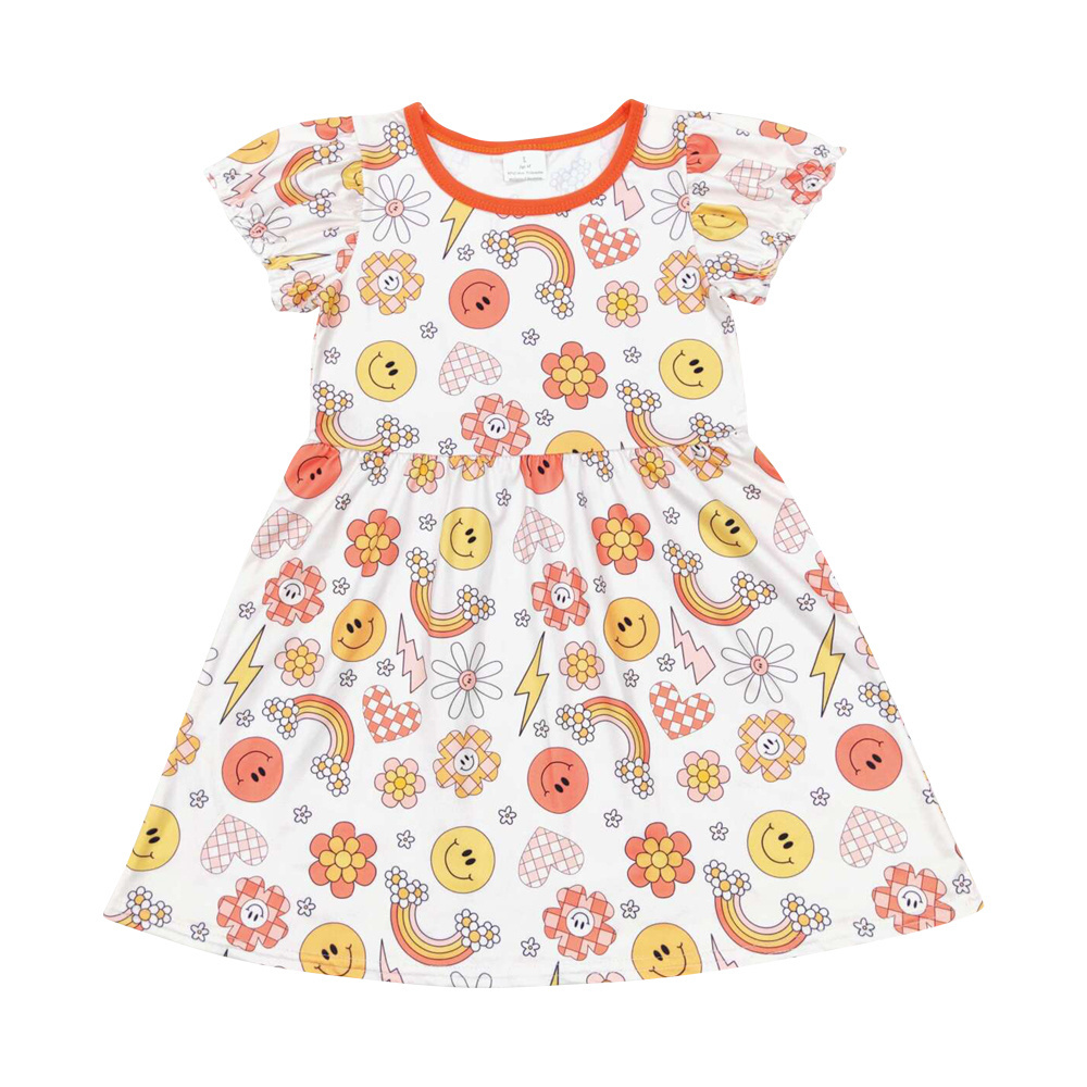 Smiling Face Flowers Rainbow Print Girls Summer Dress RTS Wholesale Baby Girls Boutique Summer Clothes