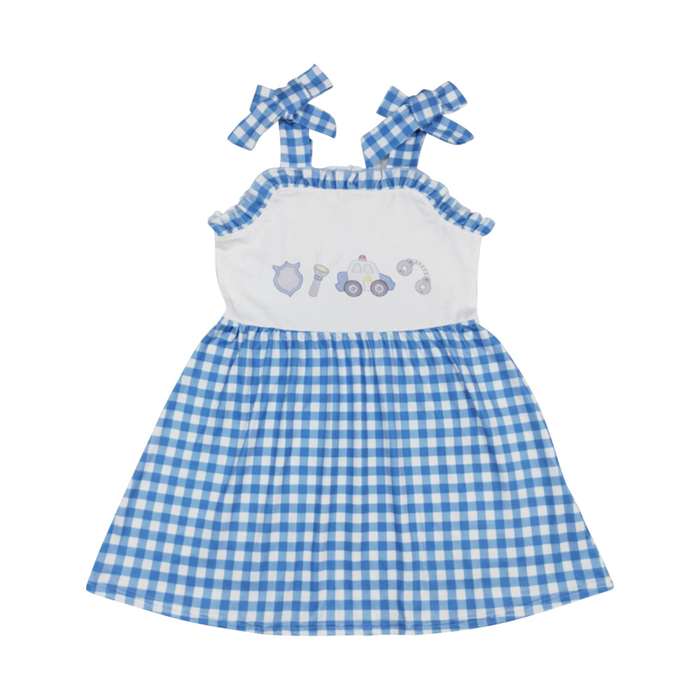 GSD0905 Police car embroidery Flashlight pattern dress for girl Blue and white check dress kids girl girls dresses 10-14 age