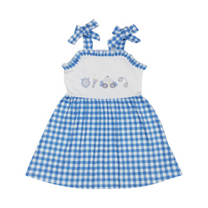 GSD0905 Police car embroidery Flashlight pattern dress for girl Blue and white check dress kids girl girls dresses 10-14 age