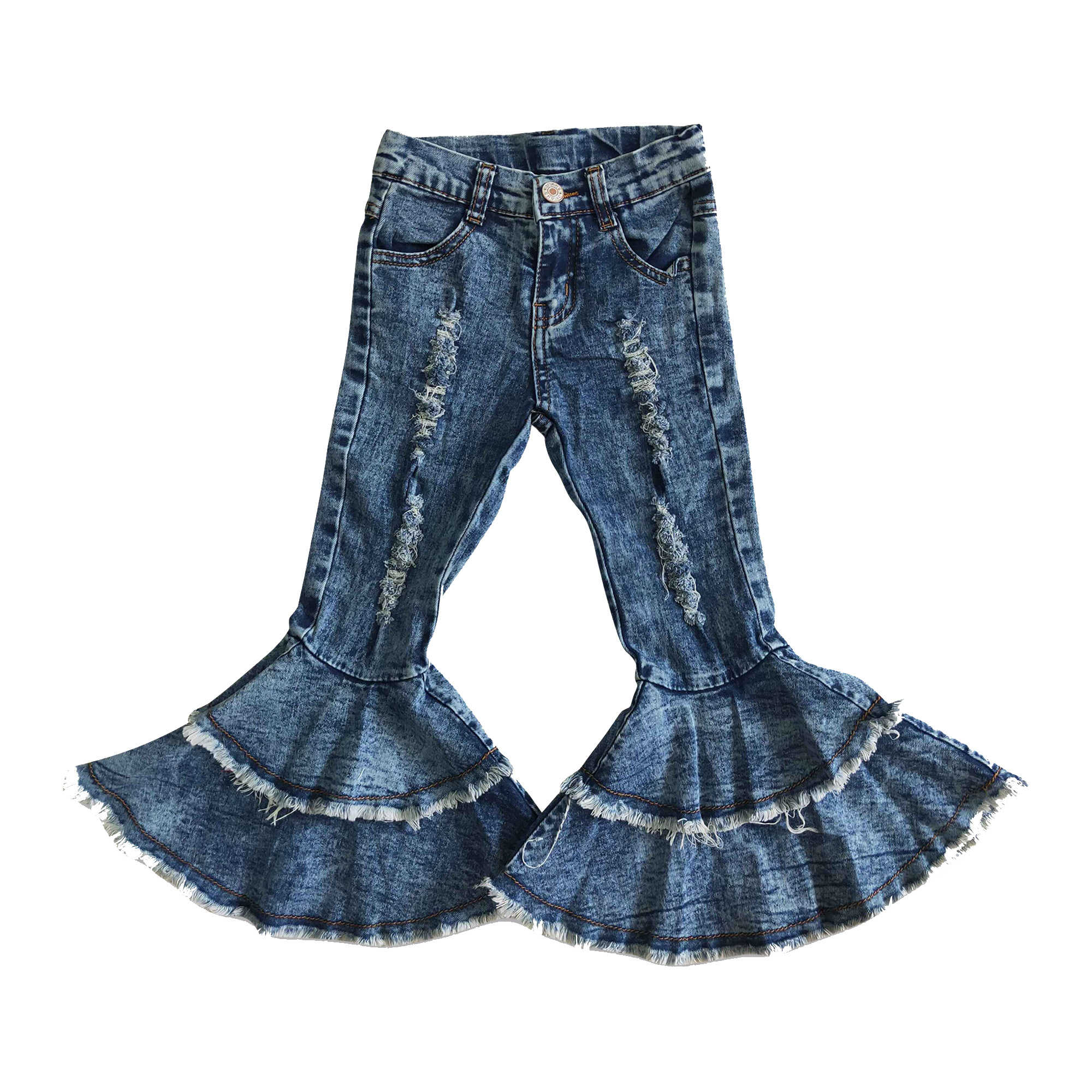 new  baby distressed ruffle jeans pants children girls soft denim pants kids adjustable denim pants baby girls bell bottoms