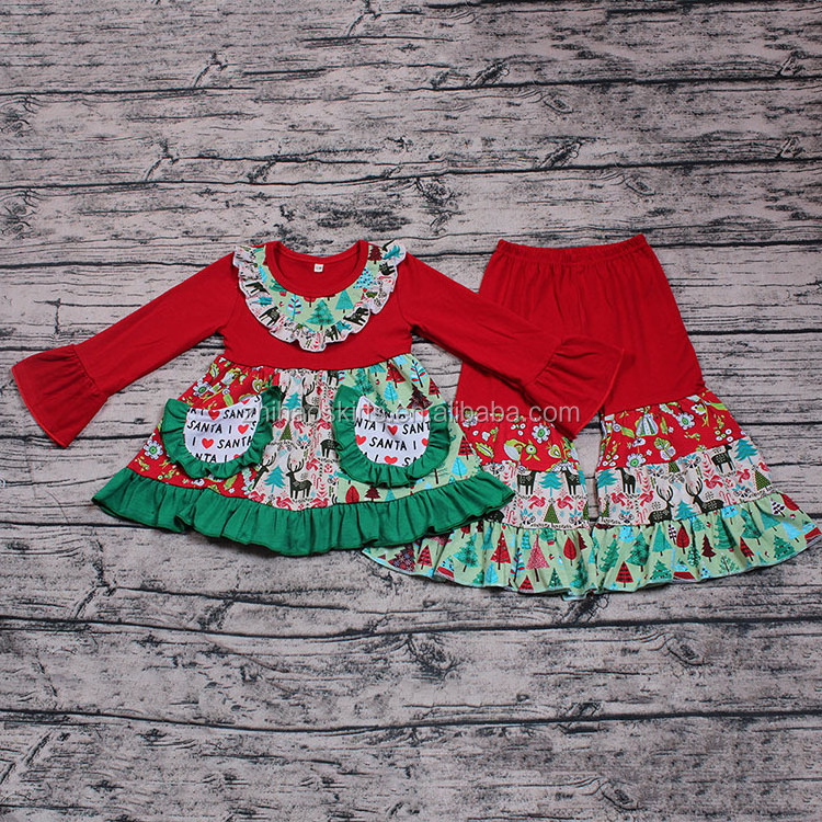 Wholesale Cheap Baby Boutiques Store Christmas Party Wear for Little Girls Long Sleeve Smocked Design 2PCS Cute Ruffle Clothing