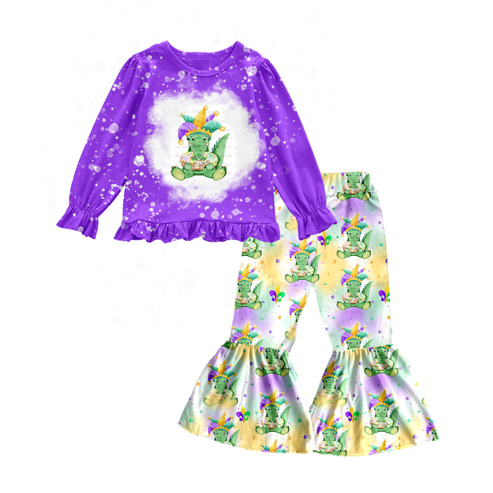 Preorder boutique mardi gras Crocodile print cute girl's shirt with flare pants 2 pcs set wholesale little girls clothing styles