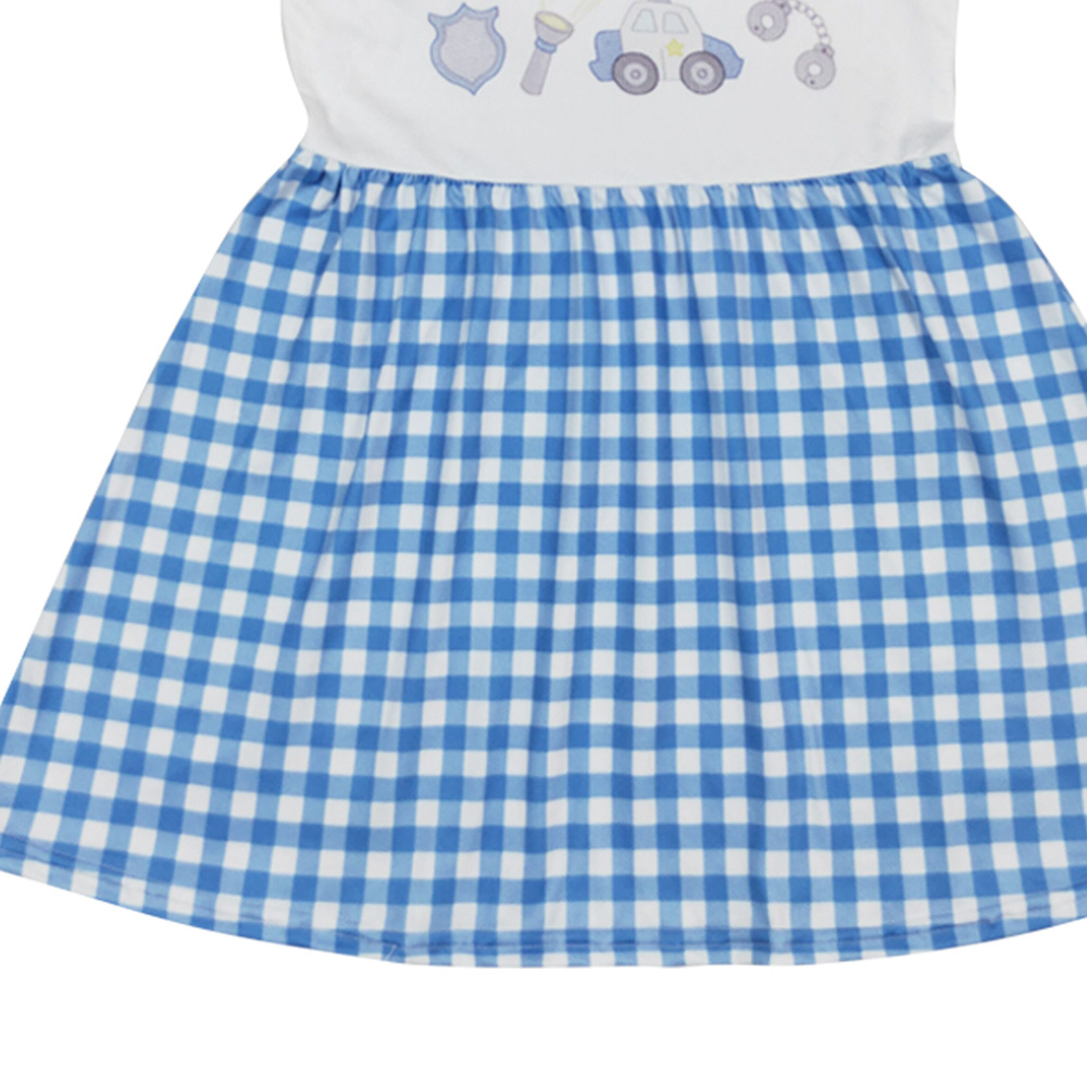 GSD0905 Police car embroidery Flashlight pattern dress for girl Blue and white check dress kids girl girls dresses 10-14 age