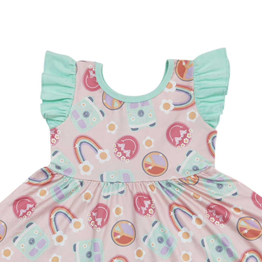 Rainbow Smiling Face Bus Print Girls Knee Length Summer Dress RTS Wholesale Baby Girls Boutique Summer Clothes