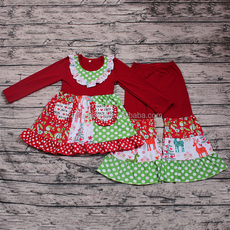 Wholesale Cheap Baby Boutiques Store Christmas Party Wear for Little Girls Long Sleeve Smocked Design 2PCS Cute Ruffle Clothing