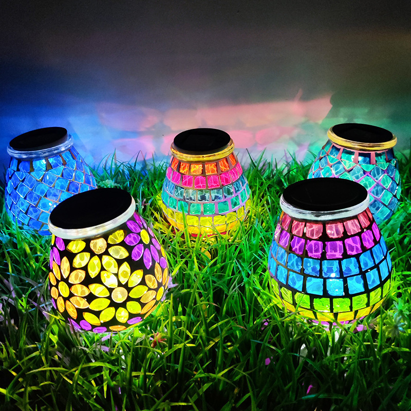 Mosaic Lamp Solar Can Lights Outdoor Waterproof Glass Projection Hanging Lantern Night Lights