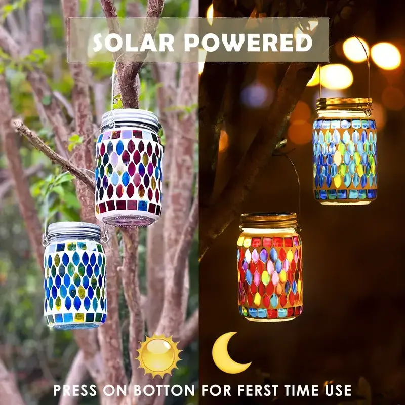 Mosaic Lamp Solar Can Lights Outdoor Waterproof Glass Projection Hanging Lantern Night Lights