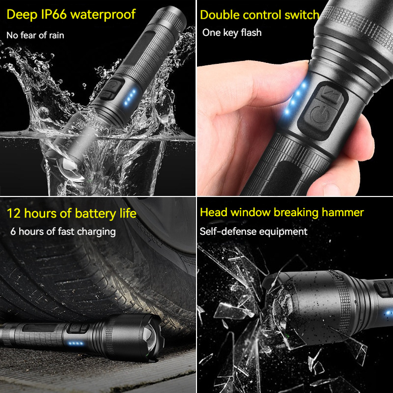 XHP60 High Brightness LED Flashlight USB Rechargeable Aluminum Alloy Zoom Tactical Flashlight