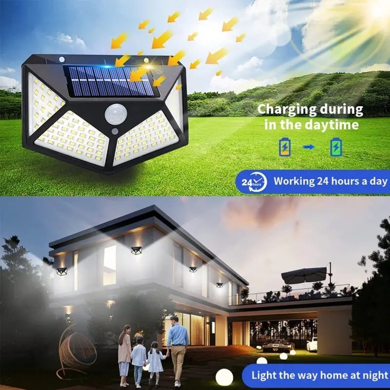 100 LED 3 Motion Sensor Working Modes Outdoor Solar Wall Light for Back Yard Garden Garage Deck