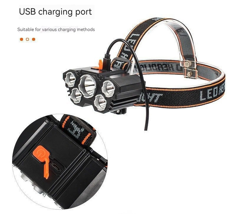 5LED strong light long-beam headlight USB charging adjustable headlight outdoor night fishing camping headlight