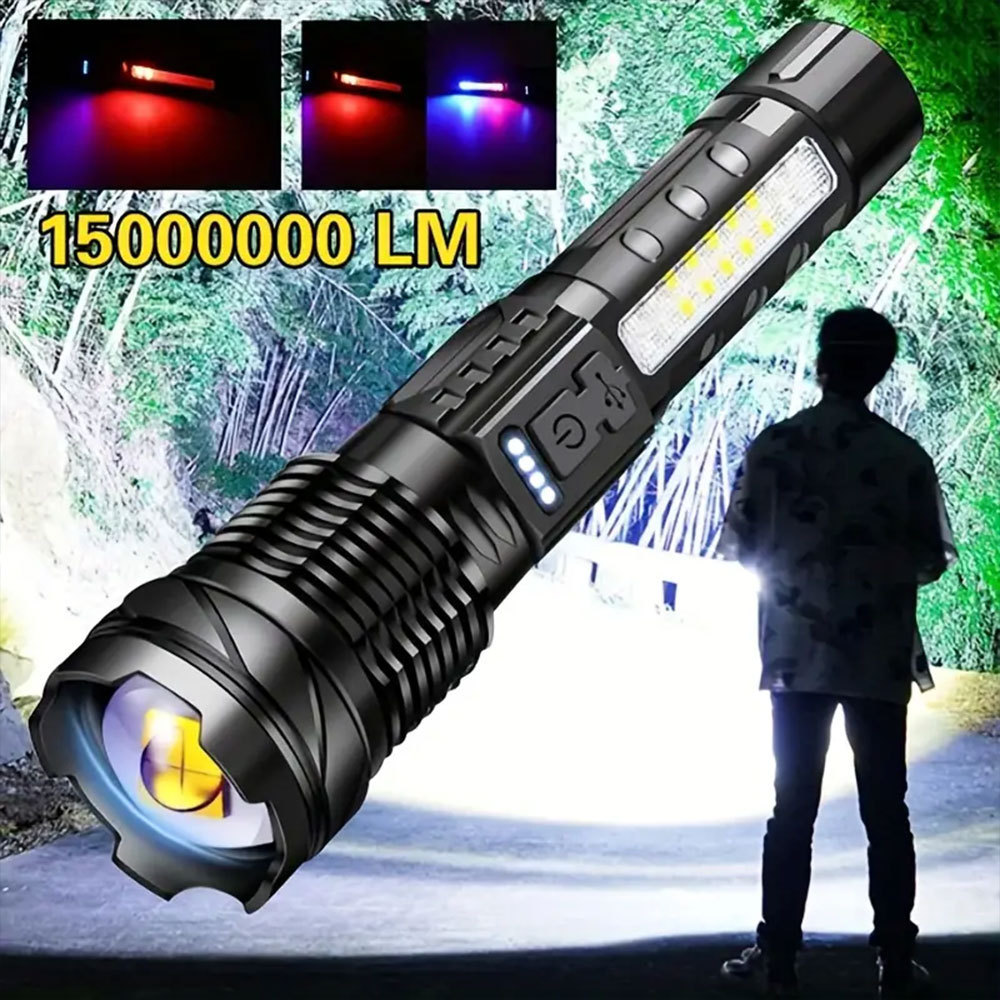 20000 Lumen  laser light Flashlight Side Led Red Light Work Lights Zoom  Focus Rechargeable Hand Torch With Power Display