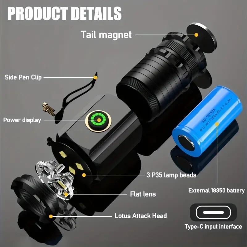 XHP35  3 Led Mini 18350 Battery Rechargeable Waterproof With Magnet Hiking Camping Flashlight