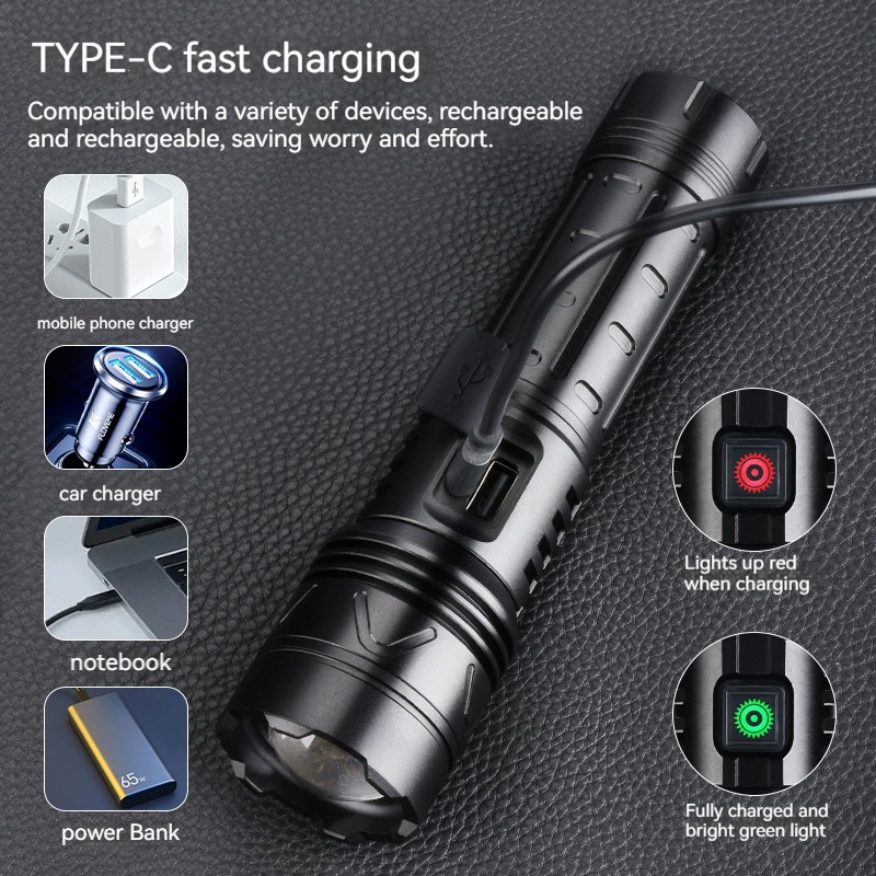 New Style XHP70 Ultra Powerful Led Flashlight Zoomable10000 Lumen Led Type-c Charging Flashlight