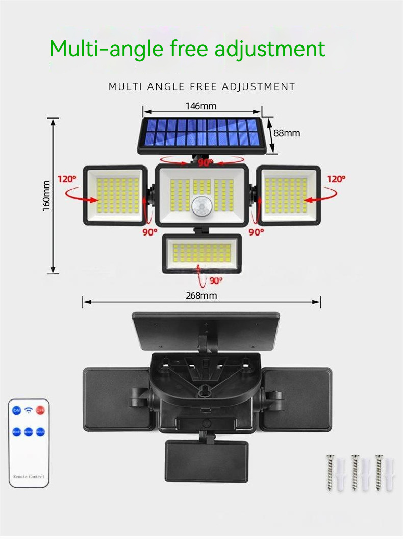 Solar LED Motion Sensor Lights Outdoor Wall Security Lamp Waterproof Adjustable Head Garden Lighting with Remote