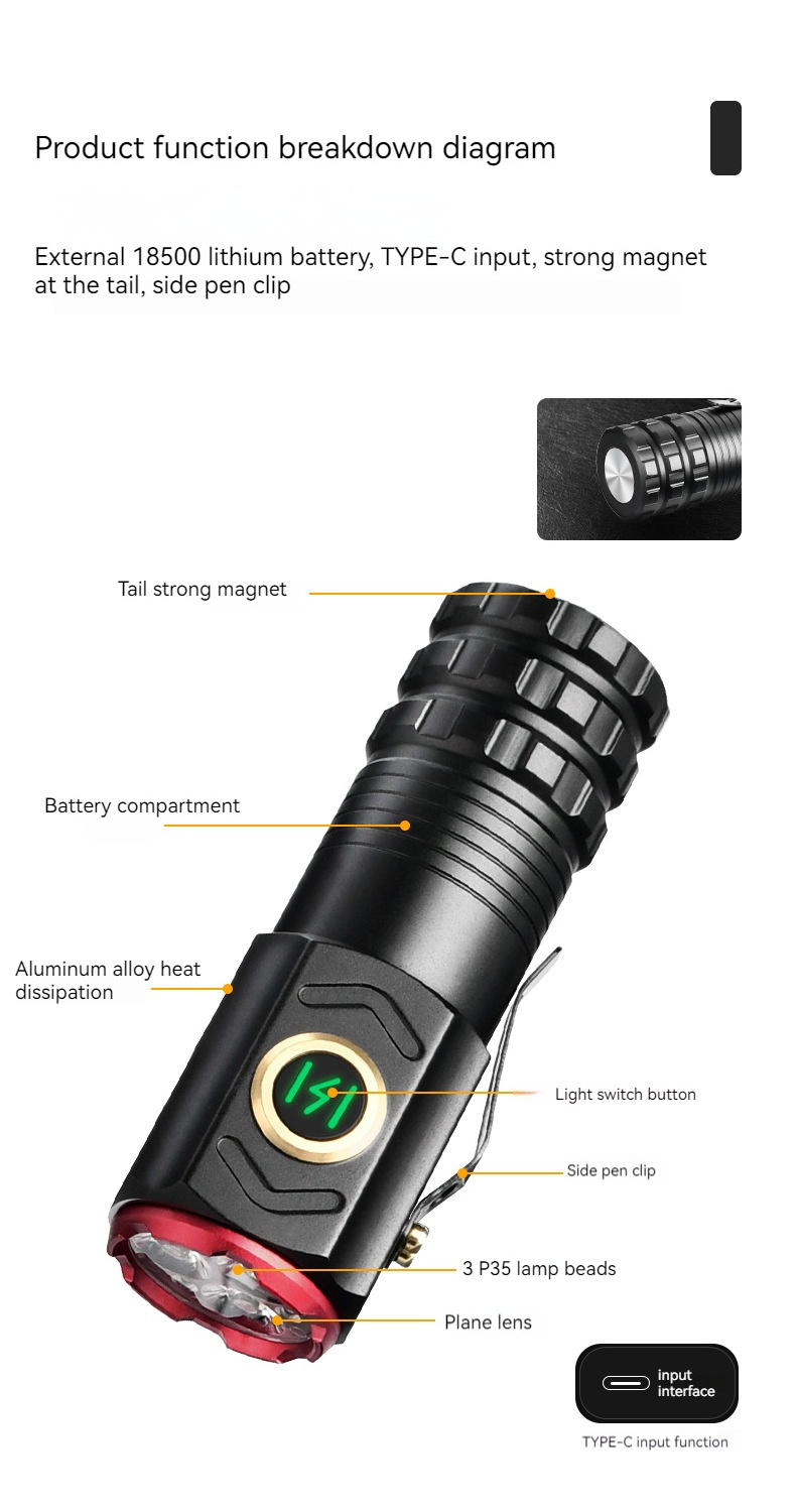 XHP35 Super Bright Pocket Small Type-C Torch USB Rechargeable LED Mini Flashlight  With Clip