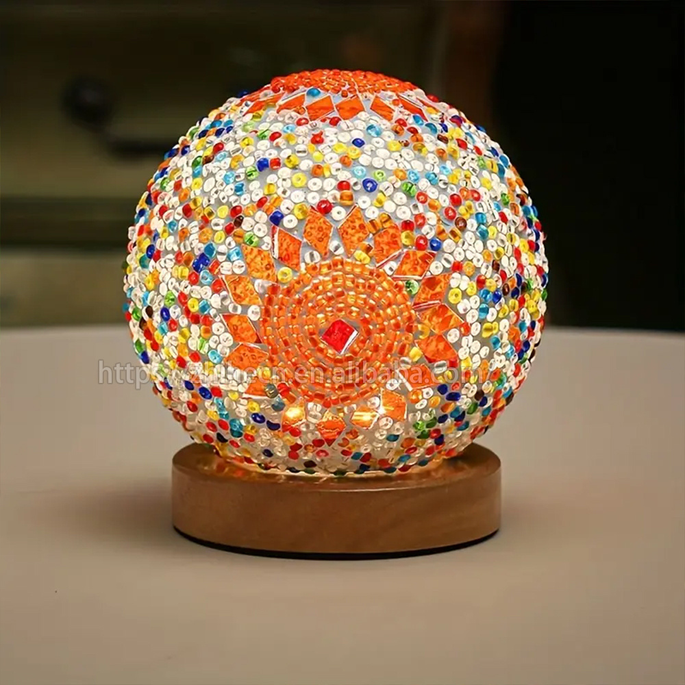 Retro Led Baroque Bedside Lamp Bohemian Style Rechargeable Turkish Table Lamp Wooden Base Creative Mosaic Glass Ball Night Light