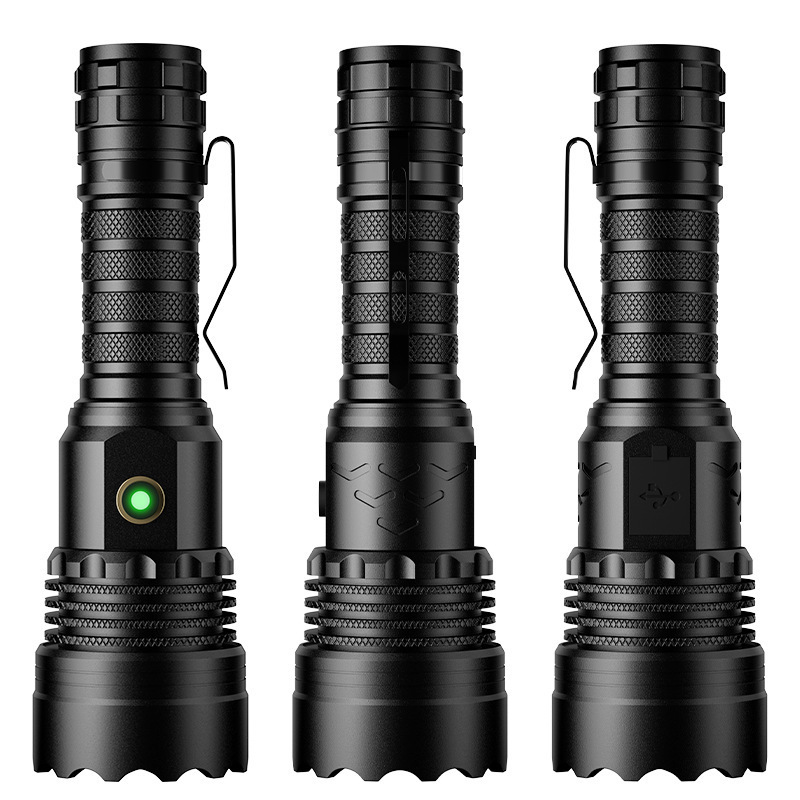 High Power Long Range Flashlight Aluminum Alloy Zoom 21700 Rechargeable Battery Type-C Charging Camping Torch With Clip