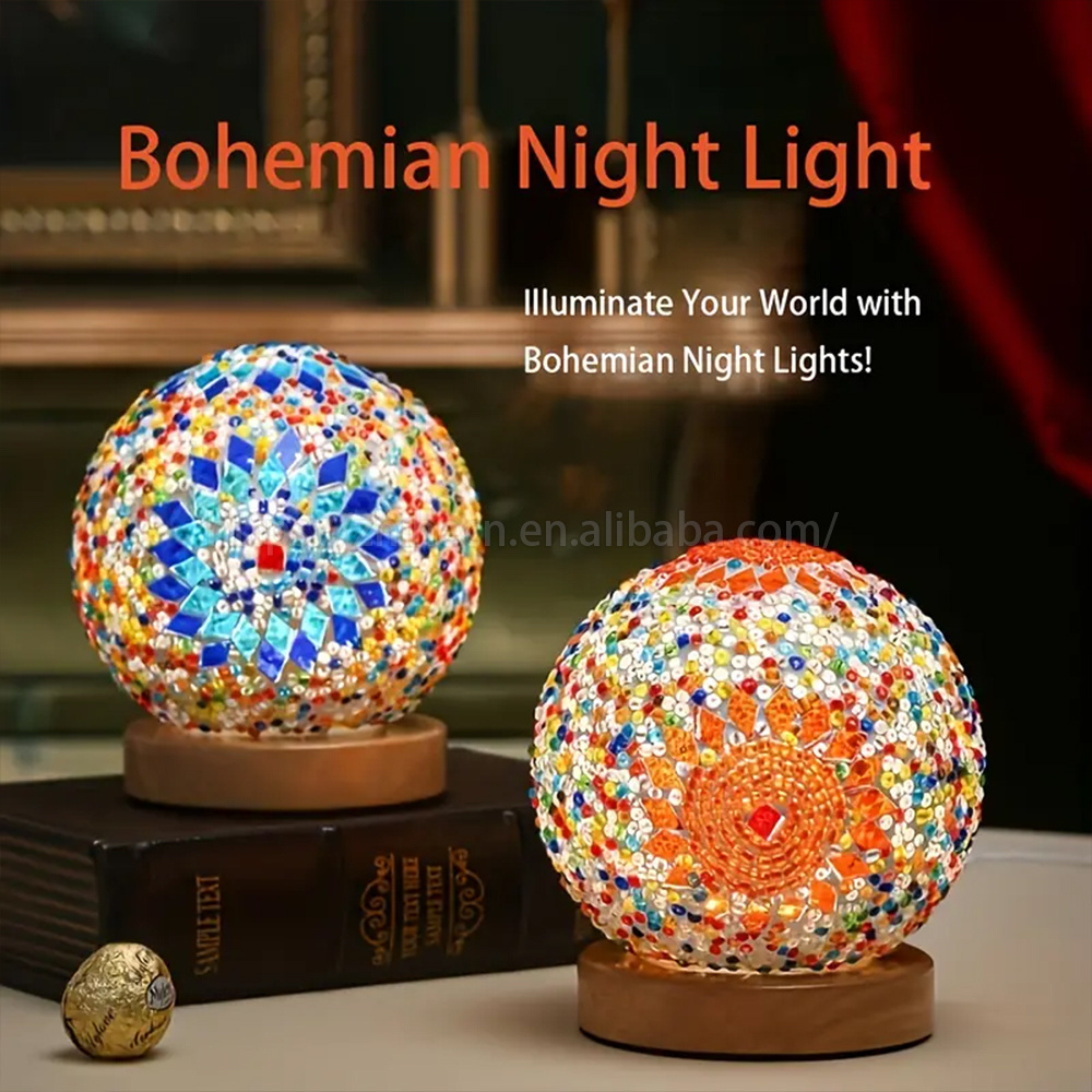 Retro Led Baroque Bedside Lamp Bohemian Style Rechargeable Turkish Table Lamp Wooden Base Creative Mosaic Glass Ball Night Light