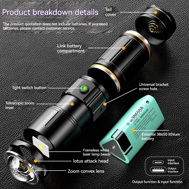 White Laser  Super Bright Long Range Strong Light Torch Lamp Multifunction Display LED Emergency Strong Light Flashlight