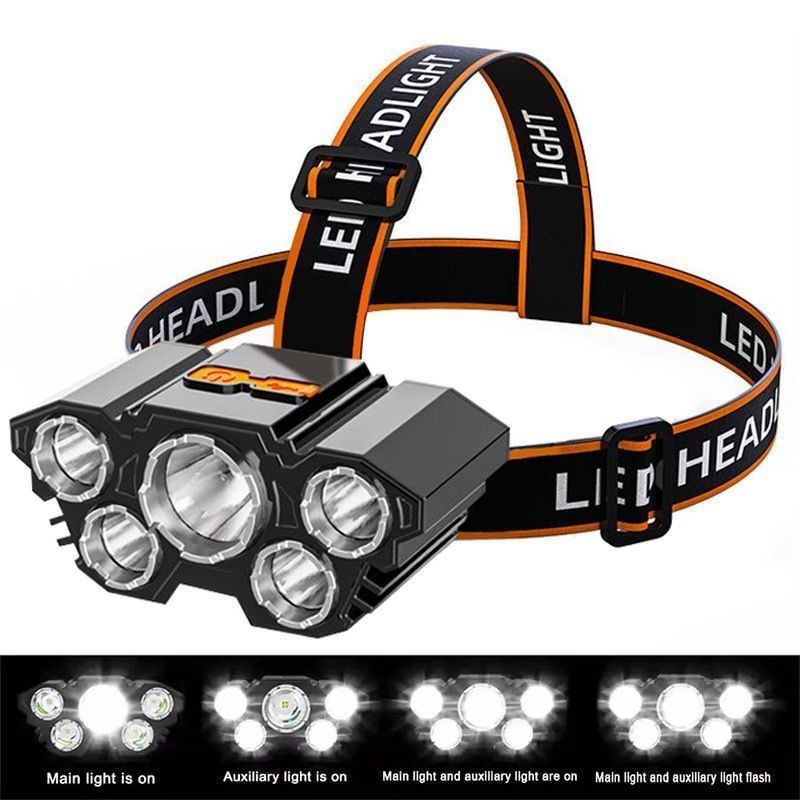 5LED strong light long-beam headlight USB charging adjustable headlight outdoor night fishing camping headlight