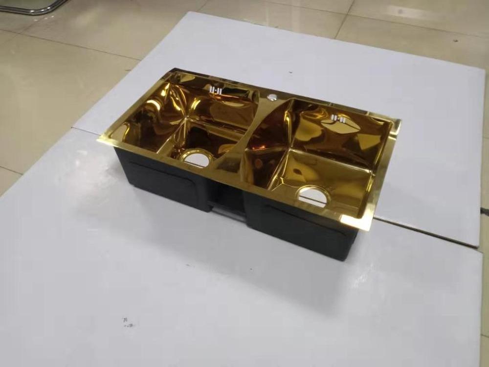 Custom design hot sale 8045 mirror local gold gold handmade kitchen 304 and 201 stainless steel material double bowl sink