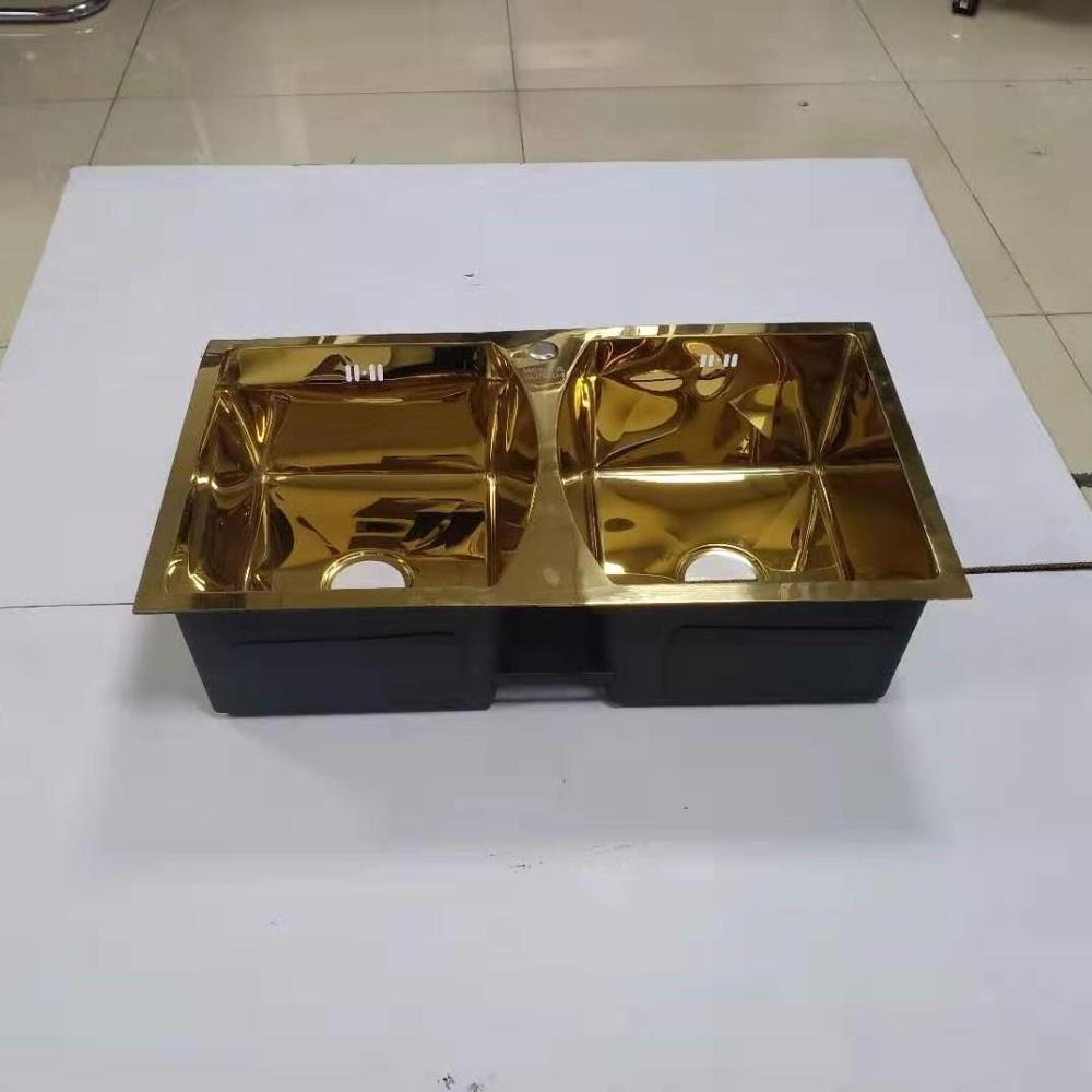 Custom design hot sale 8045 mirror local gold gold handmade kitchen 304 and 201 stainless steel material double bowl sink