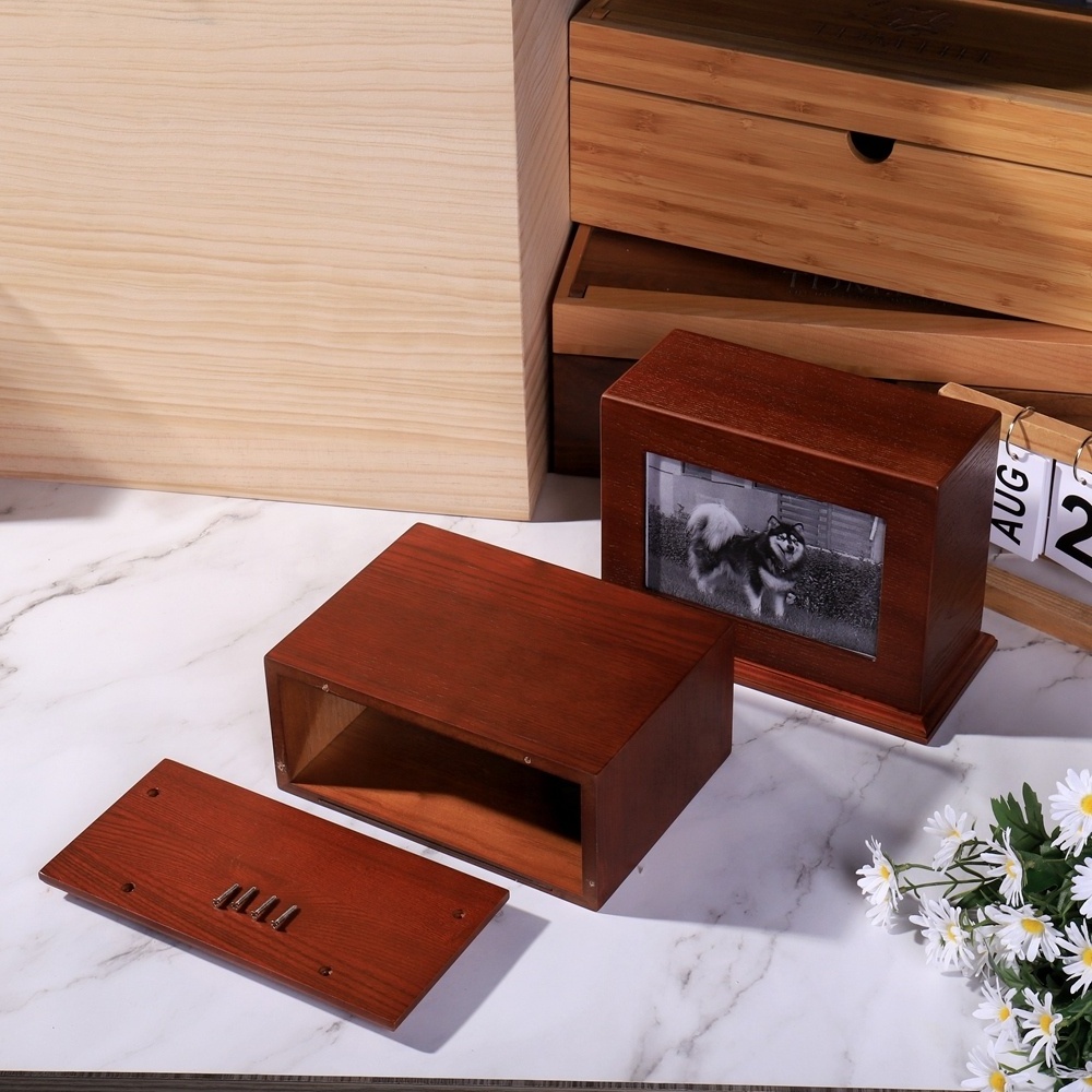 Wooden memorial jar box with pictures, human ashes cremation  pet cat adult memorial jar ashes burial jar wooden urn