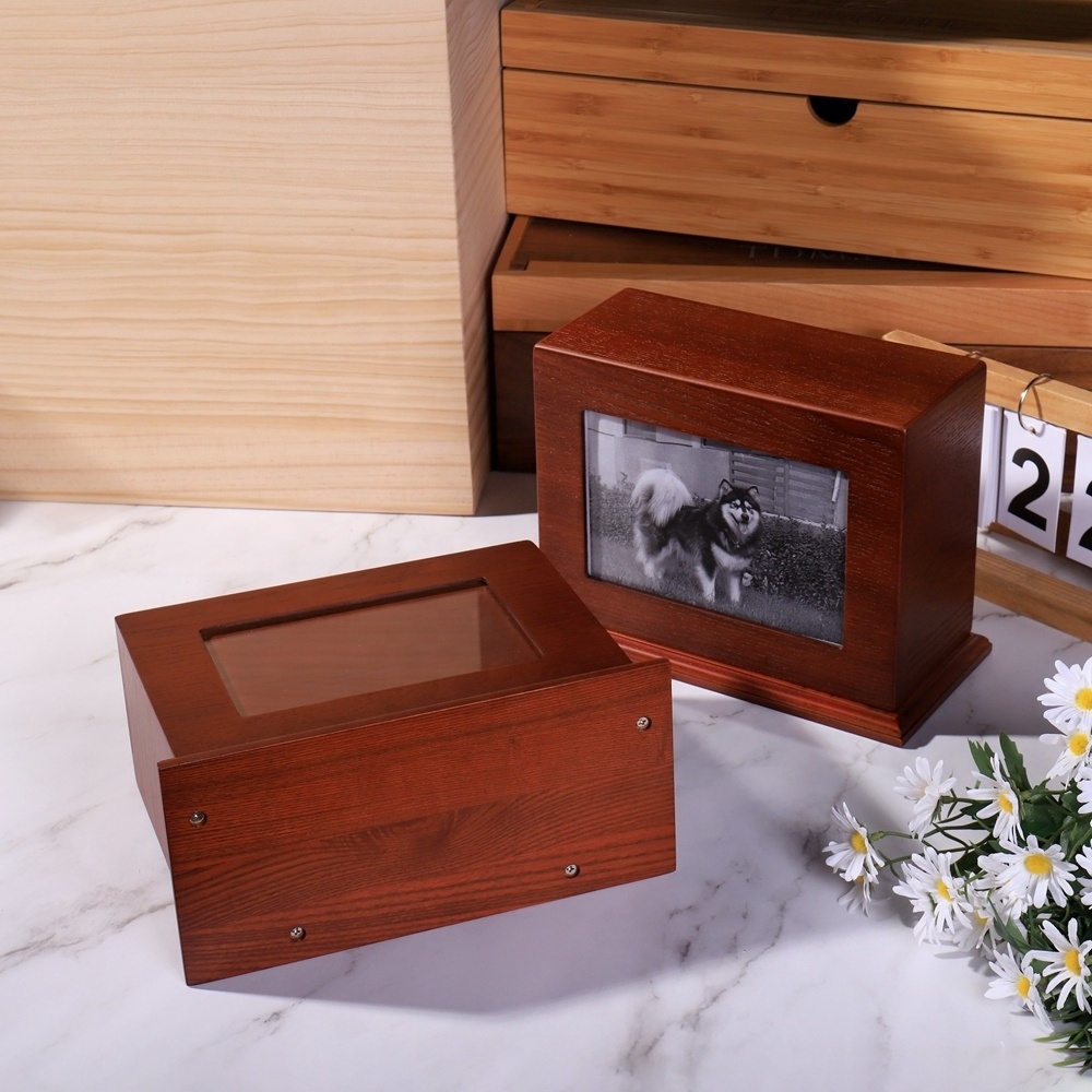 Wooden memorial jar box with pictures, human ashes cremation  pet cat adult memorial jar ashes burial jar wooden urn