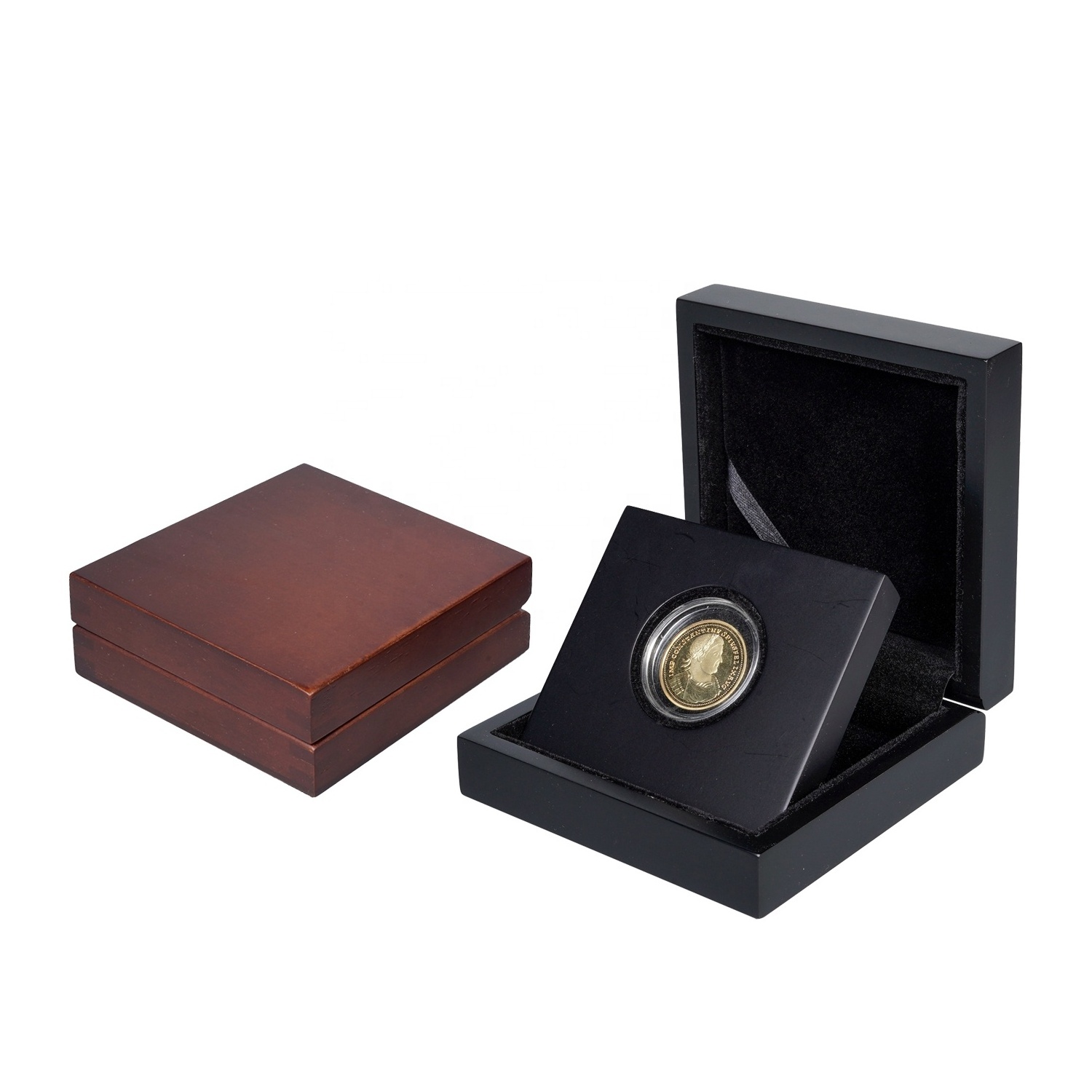 Luxury Single Coin Display Holder Custom Square Small Wood Coin Box