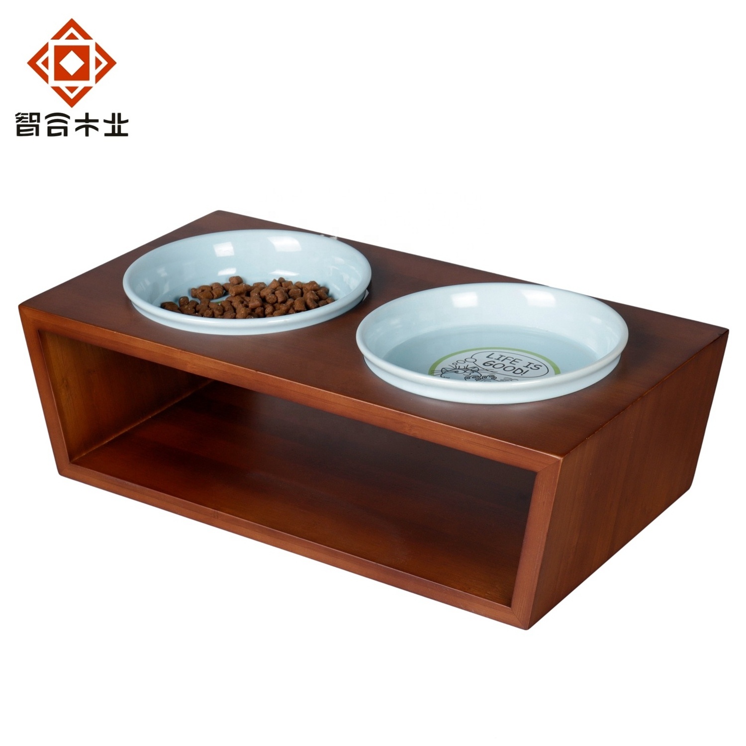 Hot Selling Factory Customized Bamboo Pet Accessoires Cats Dogs Feeder Double Bowl Raised Stand