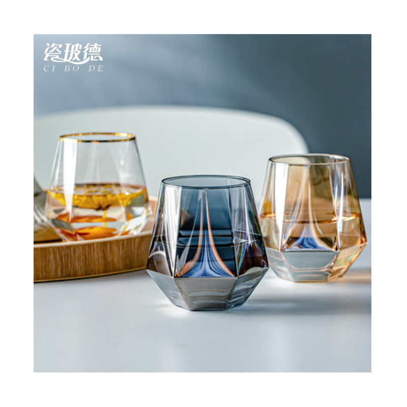 Custom Logo Cup Drinking Wine Glasses Gold Rim Electroplating Glass Wine Colorful Hexagonal Wine Glass Set