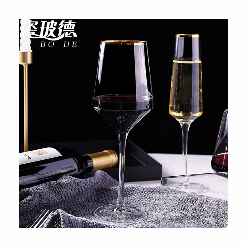 Customized OEM gold wine goblet glass lead-free crystal vertical luxury champagne glass flute gold rim wine glasses